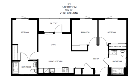 A floor plan of a 3-bedroom, 2-bathroom apartment with a living room, dining room, kitchen, and entry.